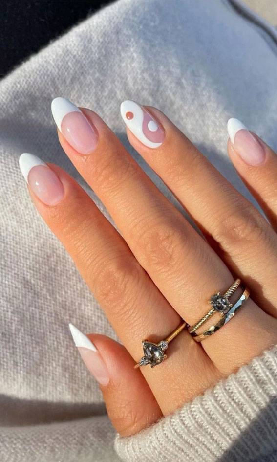 white french and yin yang nails, almond nails, french tip nails, summer nails