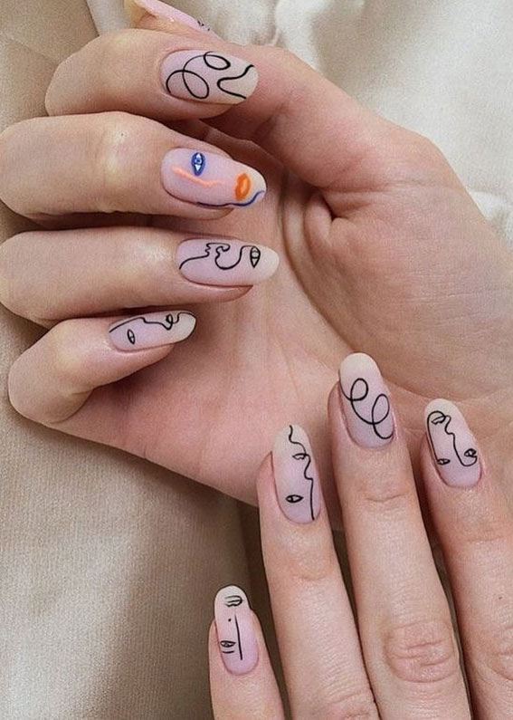 abstract women face nails, matte nails, abstract nails, women face nails, abstract drawing nails