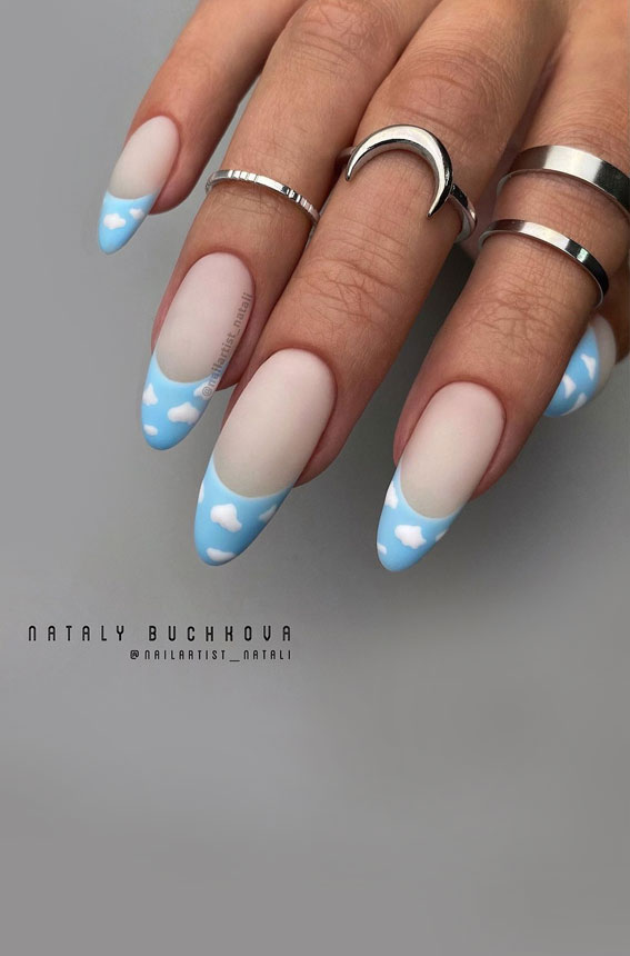 blue cloud french tip nails, nail art designs 2022, nail ideas 2022