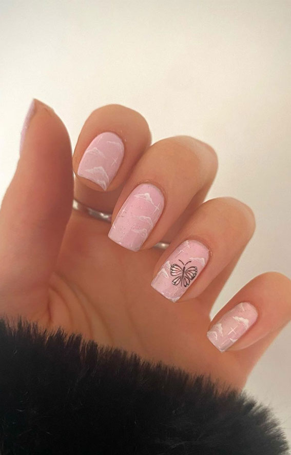 The 40 Cutest Nail Art Designs For All Age : Fluffy Cloud Pink Nails with Butterfly
