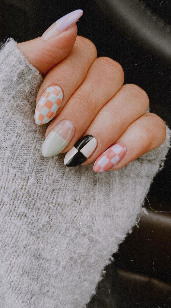 The 40 Cutest Nail Art Designs For All Age : Orange, Black and White Checkered Nail Art