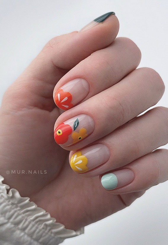The 40 Cutest Nail Art Designs For All Age : Bright Colour Flower Nails