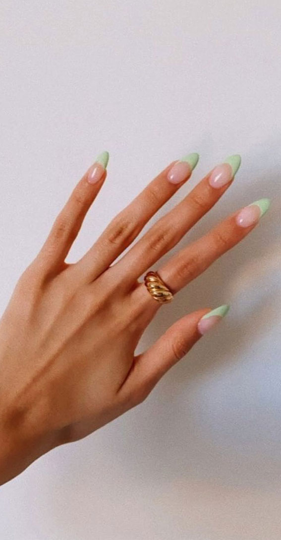 soft green almond nails, pastel green french tip nails, spring nails, french spring nails