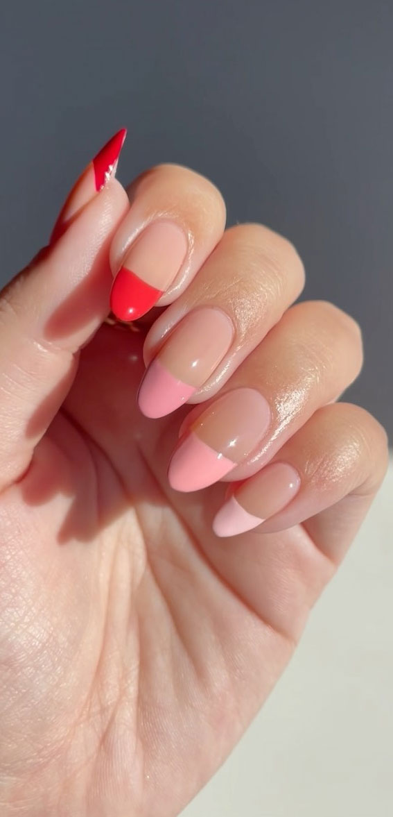 gradient pink french tips, french spring nails, different color french nails, spring nail ideas, spring nails 2022, spring nails french manicure