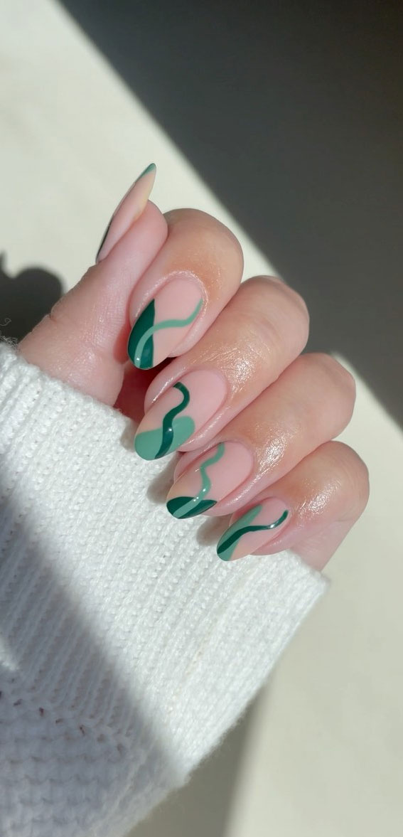 30 Best Spring Nail Ideas For 2022 : Green Swirl & Side French Nails