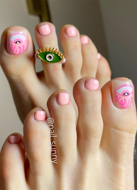 45 Pretty Toe Nails To Try In 2022 : Evil Eye Pink Pedicure