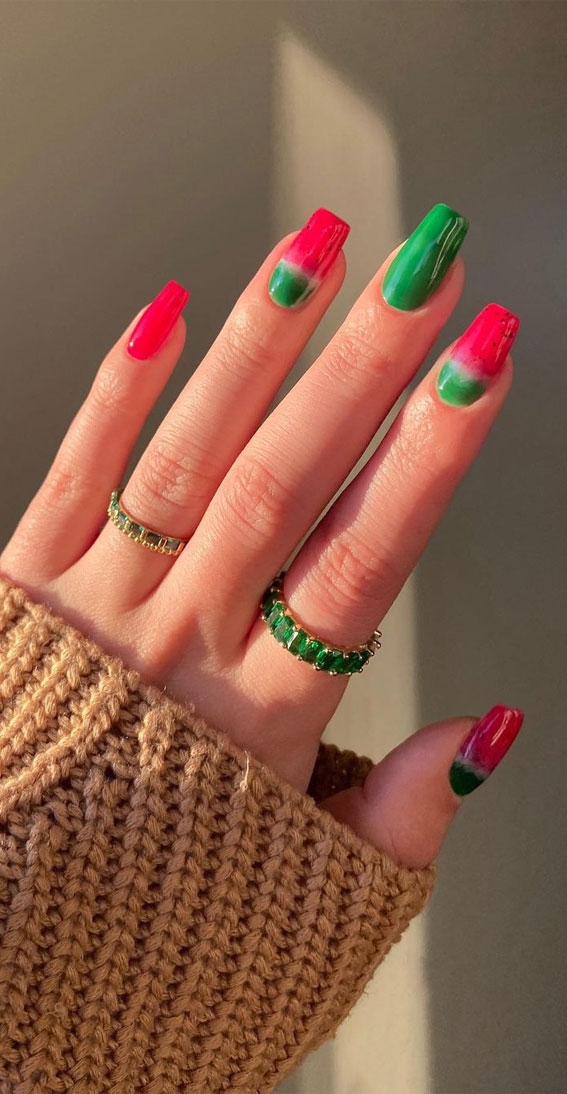 42 Cute Summer Nails For 2022 For Every Style : Watermelon Acrylic Nails