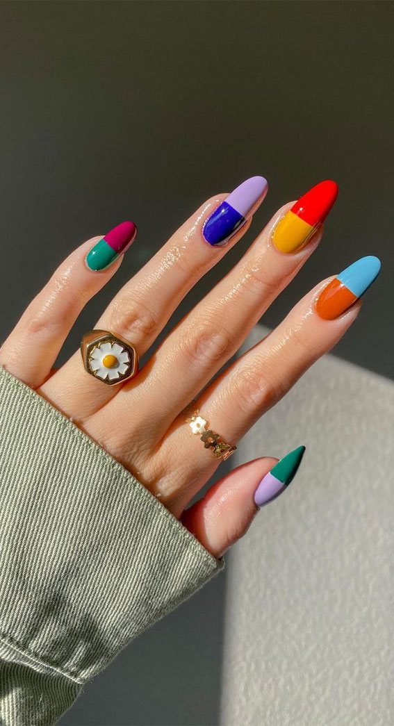 color block nails 2022, color block nails, different colour block nails, skittle nail polish trend, color block almond nails, summer nail colors, summer nail ideas, summer nails 2022