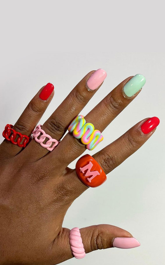 summer nail colors, summer nails polish, skittle color nails, different color nails each nail, summer nails, cute summer nails, almond nails summer, summer nail designs, summer nail ideas 2022