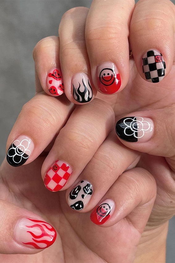 42 Cute Summer Nails For 2022 For Every Style : Black and Red Mix n Match  Short Nails