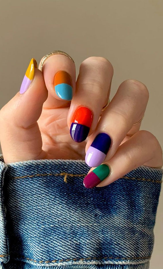 42 Cute Summer Nails For 2022 For Every Style : Bold Colour Block Round Nails