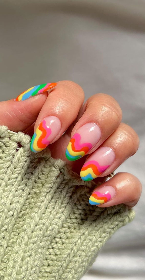 42 Cute Summer Nails For 2022 For Every Style : Rainbow Wiggly Tip Nails