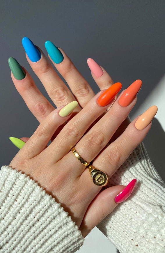 summer nail colors, summer nails polish, skittle color nails, different color nails each nail, summer nails, cute summer nails, almond nails summer, summer nail designs, summer nail ideas 2022