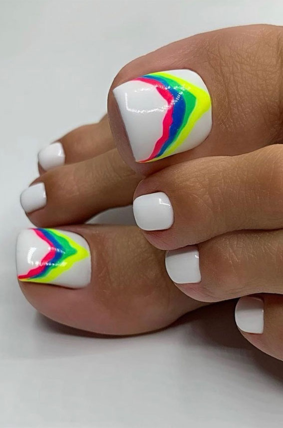 45 Pretty Toe Nails To Try In 2022 : Vibrant Colour White Pedicure