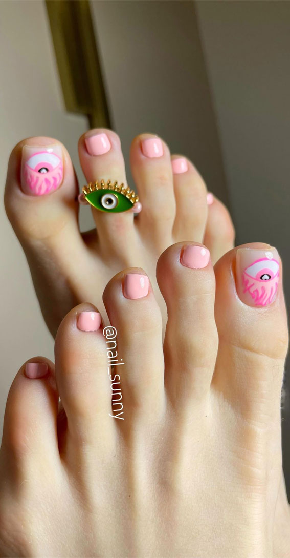 45 Pretty Toe Nails To Try In 2022 : Pink Evil Eye Pedicure