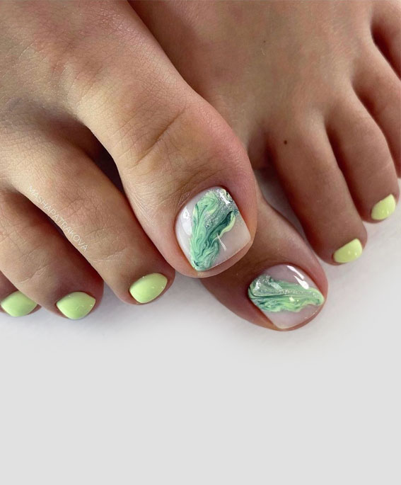 45 Pretty Toe Nails To Try In 2022 : Green Marble Pedicure
