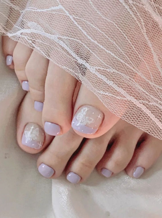 45 Pretty Toe Nails To Try In 2022 : Aesthetic Butterfly Lilac French Pedicure