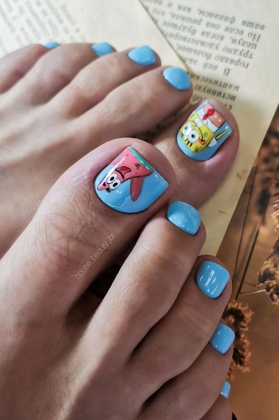 45 Pretty Toe Nails To Try In 2022 : SpongeBob SquarePants Pedicure