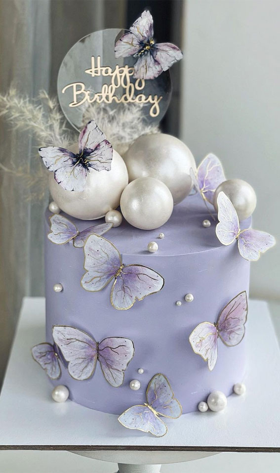 50 Best Birthday Cake Ideas in 2022 : Lavender Coloured Cake with Butterflies & Pearls