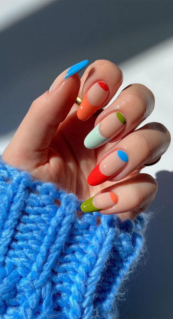 colour block nails, colorful french tip nails, coloured french tips short nails, coloured french tip nails, modern french manicure, french manicure 2022, colored tips acrylic nails, french manicure ideas, colored tips nails, blue french tip nails, colored french tips almond