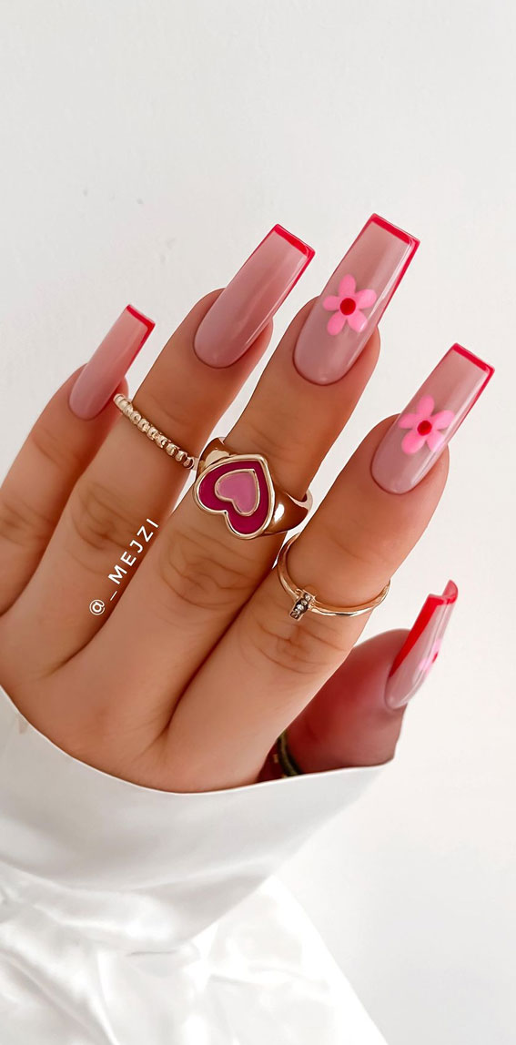 40 Cute & Coloured French Tip Nails : Red French Tips with Daisy