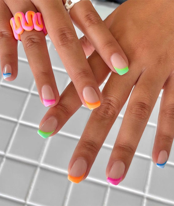 colorful french tip nails, coloured french tips short nails, coloured french tip nails, modern french manicure, french manicure 2022, colored tips acrylic nails, french manicure ideas, colored tips nails, blue french tip nails, colored french tips short square