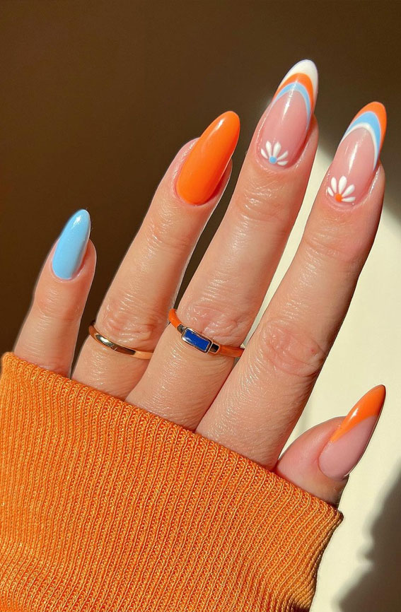 blue and orange french tips, colorful french tip nails, coloured french tips short nails, coloured french tip nails, modern french manicure, french manicure 2022, colored tips acrylic nails, french manicure ideas, colored tips nails, blue french tip nails, colored french tips almond