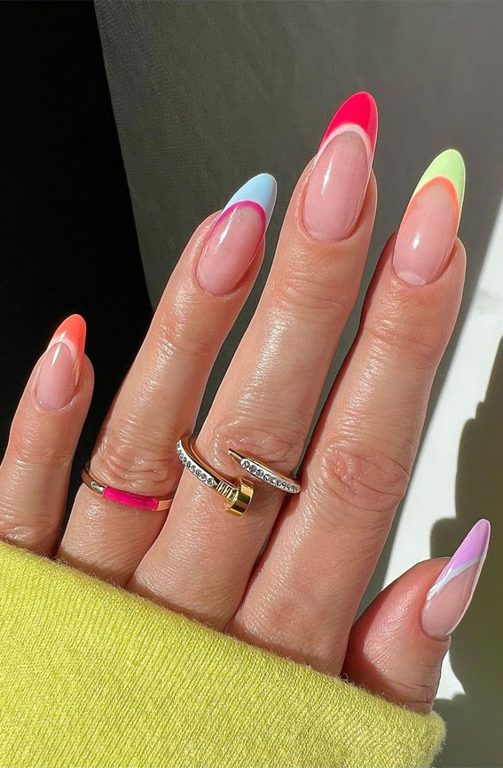 multi-colored french tips, colorful french tip nails, coloured french tips short nails, coloured french tip nails, modern french manicure, french manicure 2022, colored tips acrylic nails, french manicure ideas, colored tips nails, blue french tip nails, colored french tips almond