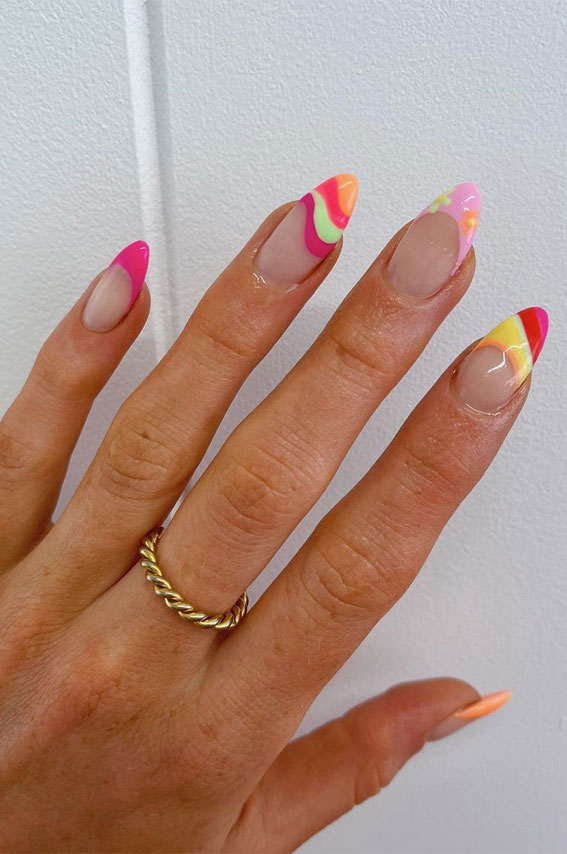 70s inspired nails, multi-colored french tips, colorful french tip nails, coloured french tips short nails, coloured french tip nails, modern french manicure, french manicure 2022, colored tips acrylic nails, french manicure ideas, colored tips nails, blue french tip nails, colored french tips almond