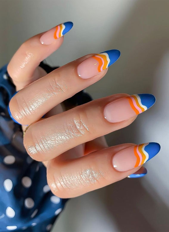 multi-colored french tips, colorful french tip nails, coloured french tips short nails, coloured french tip nails, modern french manicure, french manicure 2022, colored tips acrylic nails, french manicure ideas, colored tips nails, blue french tip nails, colored french tips almond, gel nails