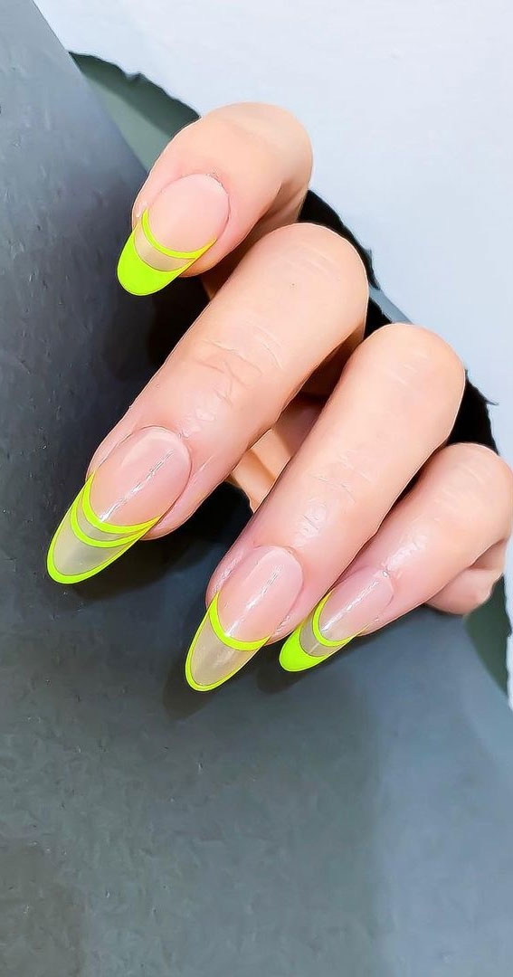 neon double french nails, french tips, colorful french tip nails, coloured french tips short nails, coloured french tip nails, modern french manicure, french manicure 2022, colored tips acrylic nails, french manicure ideas, colored tips nails, blue french tip nails, colored french tips almond
