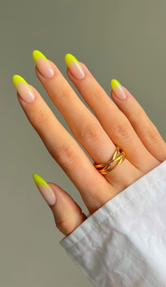 neon yellow french nails, french tips, colorful french tip nails, coloured french tips short nails, coloured french tip nails, modern french manicure, french manicure 2022, colored tips acrylic nails, french manicure ideas, colored tips nails, blue french tip nails, colored french tips almond