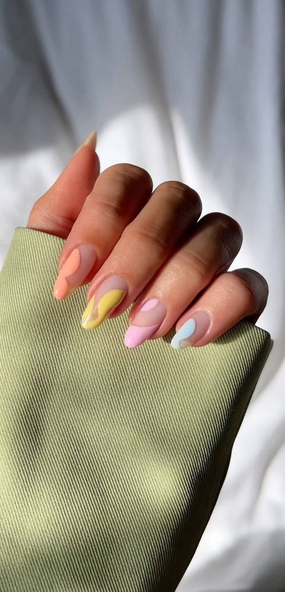 abstract pastel french nails, french tips, colorful french tip nails, coloured french tips short nails, coloured french tip nails, modern french manicure, french manicure 2022, colored tips acrylic nails, french manicure ideas, colored tips nails, blue french tip nails, colored french tips almond