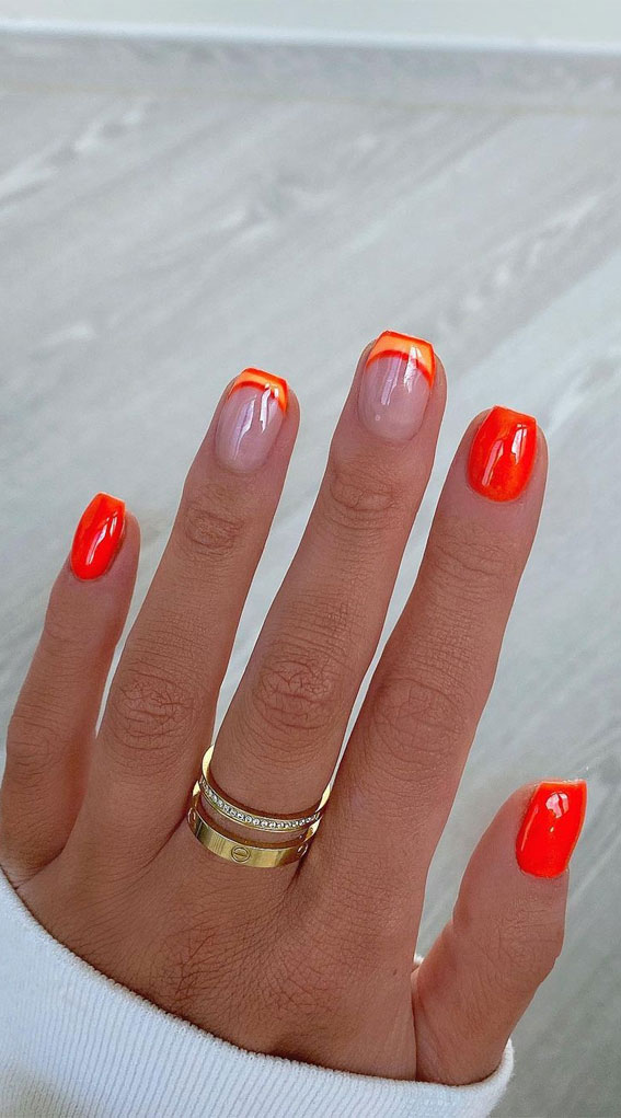 orange french tips, colorful french tip nails, coloured french tips short nails, coloured french tip nails, modern french manicure, french manicure 2022, colored tips acrylic nails, french manicure ideas, colored tips nails, blue french tip nails, colored french tips almond