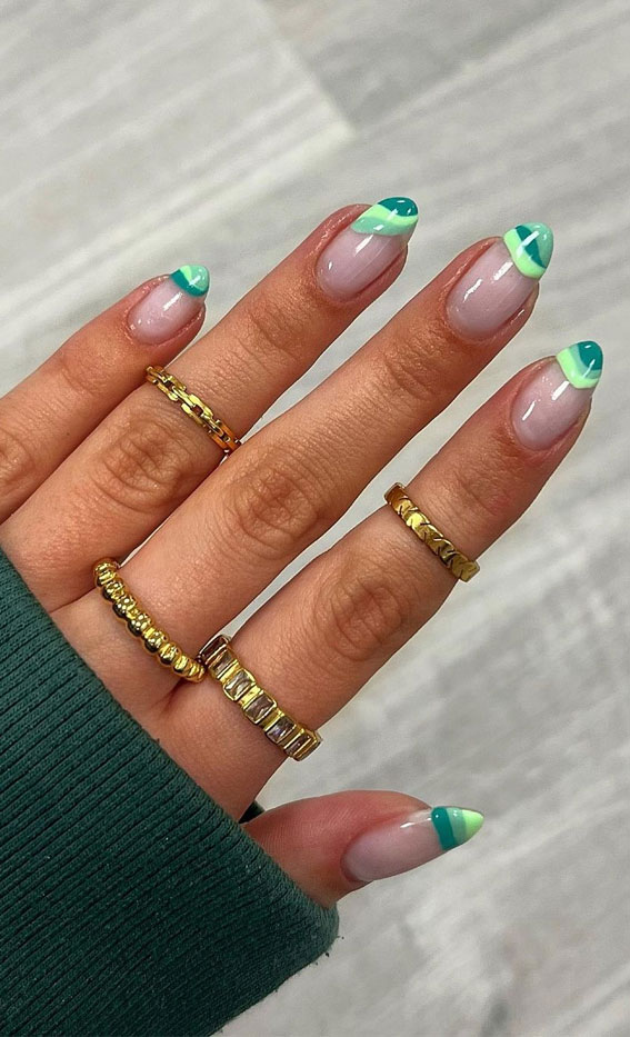 green aesthetic nails, colored double french tips, colorful french tip nails, coloured french tips short nails, coloured french tip nails, modern french manicure, french manicure 2022, colored tips acrylic nails, french manicure ideas, colored tips nails, blue french tip nails, colored french tips almond