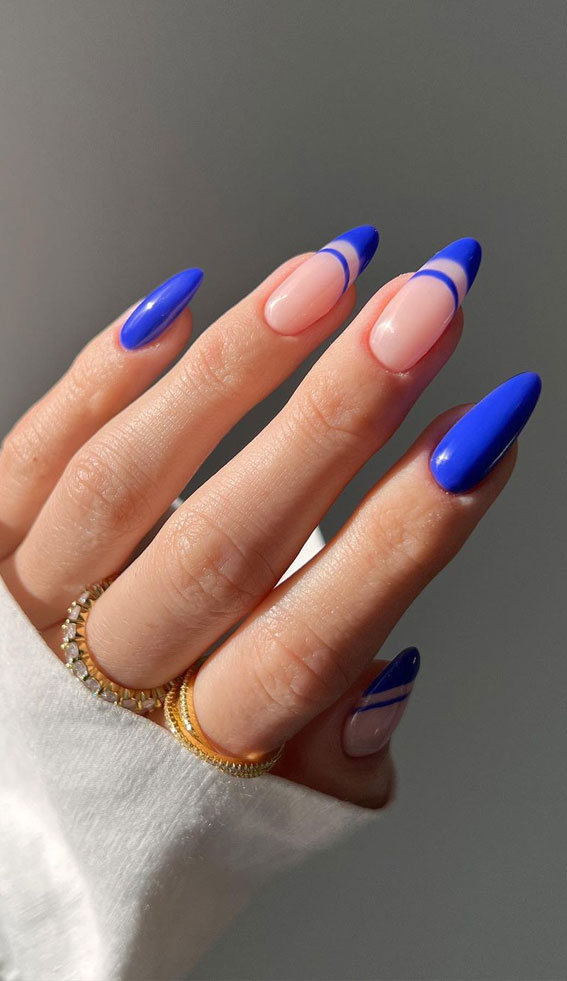 40 Cute & Coloured French Tip Nails : Royal Blue Double French Almond Nails