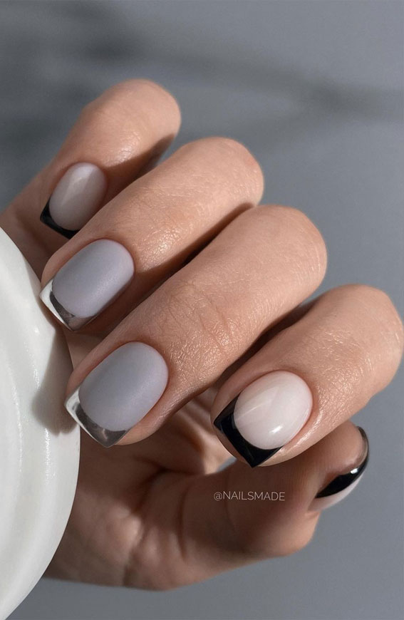 silver and white french nails, colored french tip nails, short french tip nails, modern french tip nails, french tip nails 2022, french tip nail ideas, modern french manicure, spring french tip nails, silver french tip nails