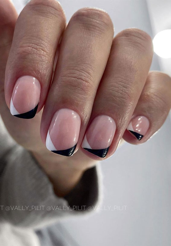 black and white french tip white nails, colored french tip nails, short french tip nails, modern french tip nails, french tip nails 2022, french tip nail ideas, modern french manicure, spring french tip nails, black and white french tip nails