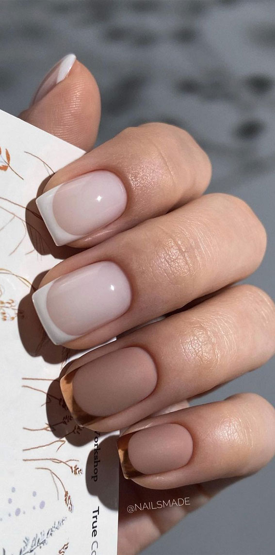 gold and white french nails, colored french tip nails, short french tip nails, modern french tip nails, french tip nails 2022, french tip nail ideas, modern french manicure, spring french tip nails, gold french tip nails