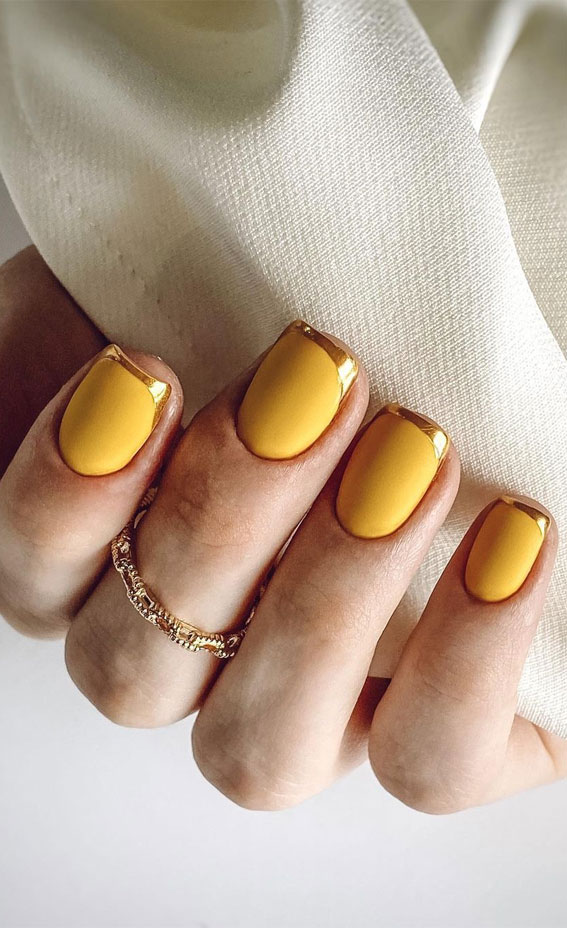 gold french tip yellow nails, colored french tip nails, short french tip nails, modern french tip nails, french tip nails 2022, french tip nail ideas, modern french manicure, spring french tip nails, gold french tip nails