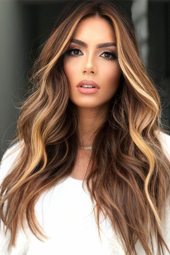 37 Trendy Hair Colour Ideas & Hairstyles : Caramel Balayage with Blonde Face-Framing