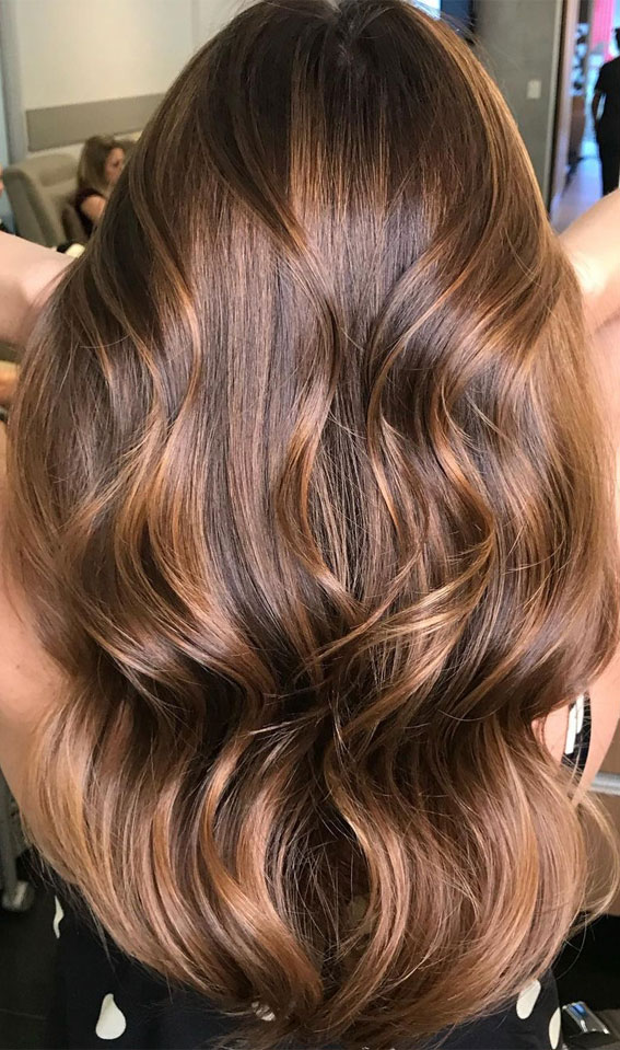 37 Trendy Hair Colour Ideas & Hairstyles : Golden Caramel Balayage Long Waves