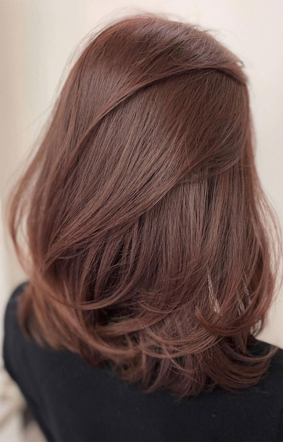 50 Cute New Hair Color Trends 2022 : Rose Brown Lob Haircut