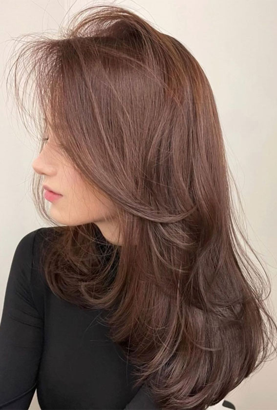 50 Cute New Hair Color Trends 2022 : Rose Brown Layered Haircut