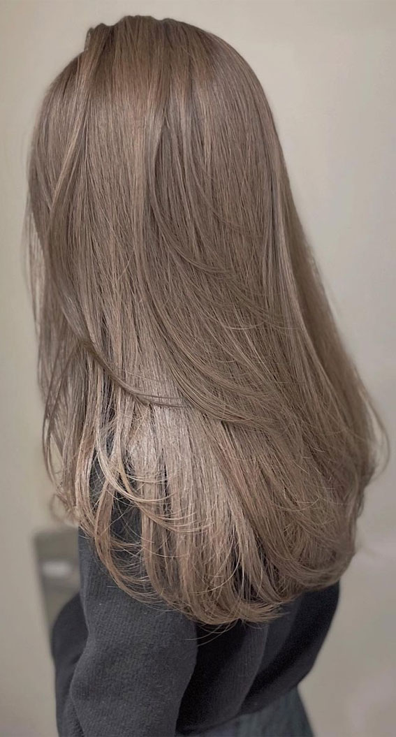 hazel beige hair color, medium ash brown, ash brown hair, layered hair cut, best hair color ideas 2022