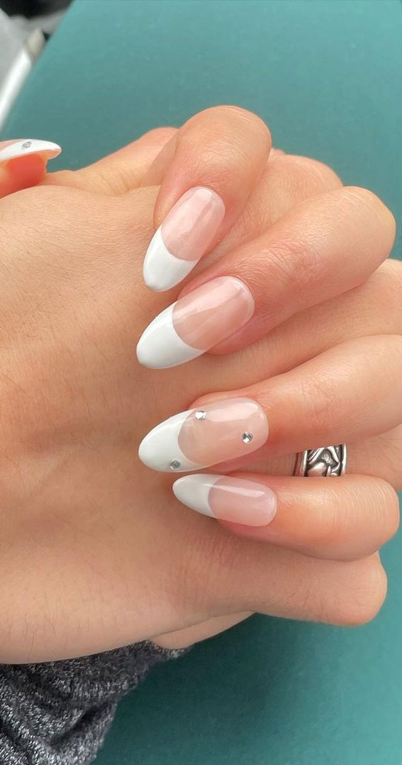 27 Barely There Nail Designs For Any Skin Tone : French Almond Nails with Bling