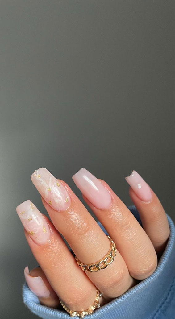 27 Barely There Nail Designs For Any Skin Tone : Rose Quartz & Gold Flake Nails