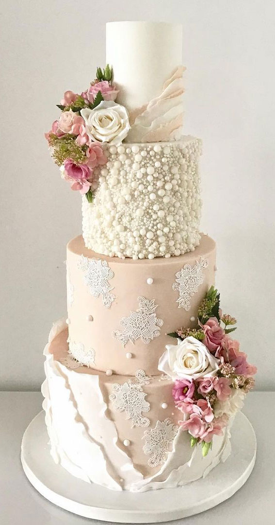 lace and pearl wedding cake, wedding cake, wedding cake ideas, pearl wedding cake, pearl embellishment cake, wedding cakes with pearls, cake with pearls, cake with pearls and flowers, edible pearls wedding cake, latest wedding cake gallery