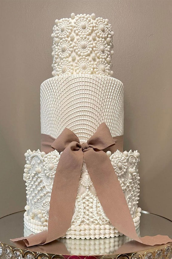 50 Timeless Pearl Wedding Cakes : Pearl Cake with Elegant Dusty Rose Bow
