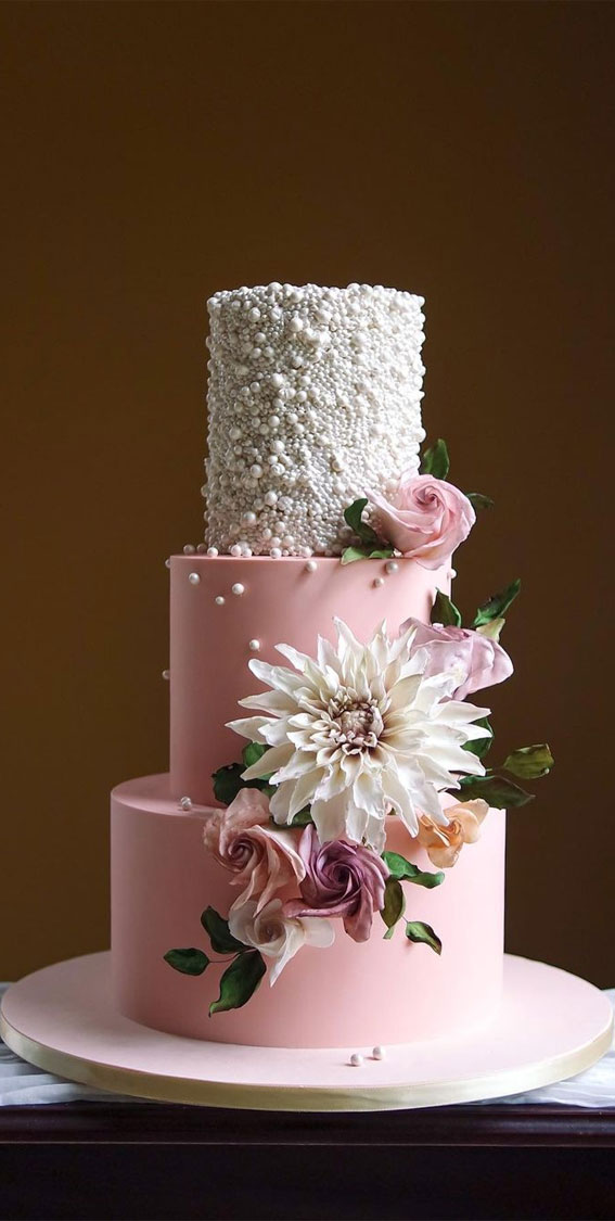 50 Timeless Pearl Wedding Cakes : Sugar Dahlia, Rose Accents + Pearls